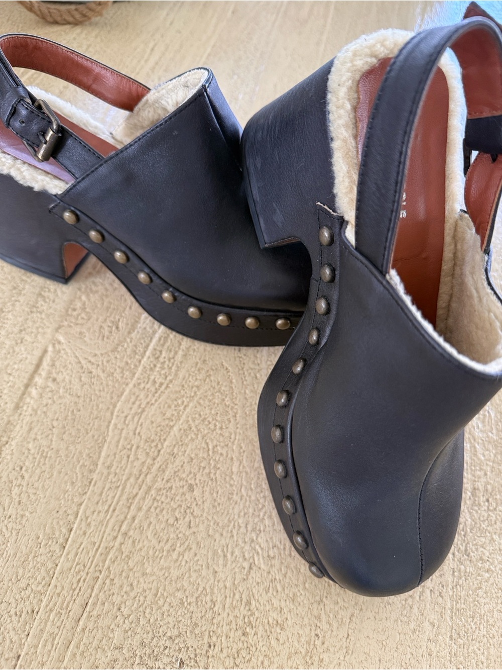 Free People Black Shearling-Trim Studded Platform Clogs